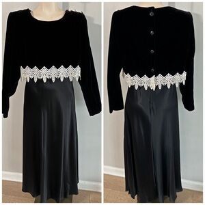 Vintage 80s Velvet Satin Lace Midi Dress Black Pearl Buttons Gothic Formal